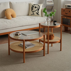 Round Cherry Wood Coffee Table with Rattan Bottom for Storage - Modern for Livingroom fyx-880