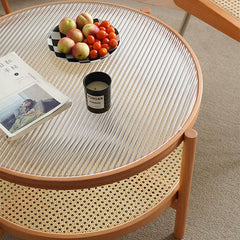 Round Cherry Wood Coffee Table with Rattan Bottom for Storage - Modern for Livingroom fyx-880