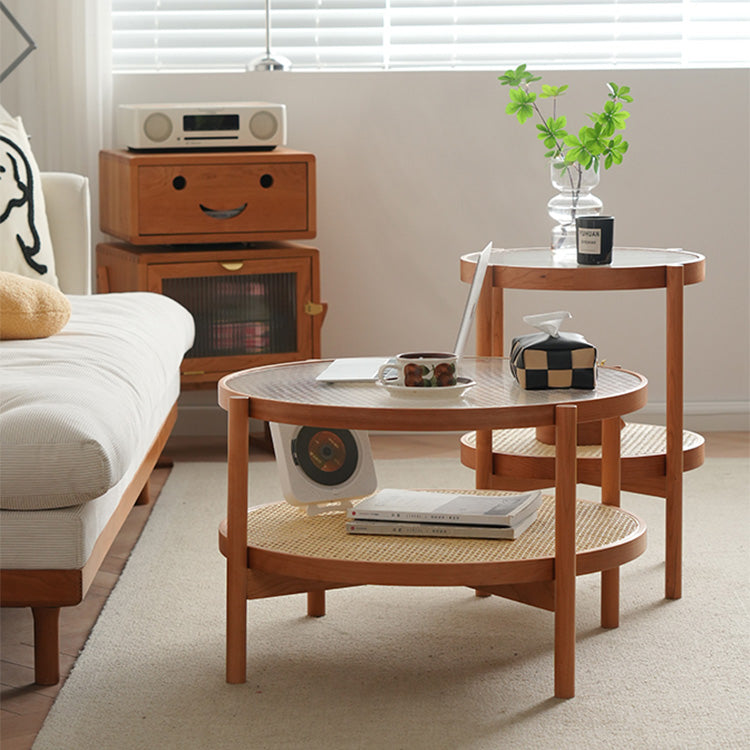 Round Cherry Wood Coffee Table with Rattan Bottom for Storage - Modern for Livingroom fyx-880