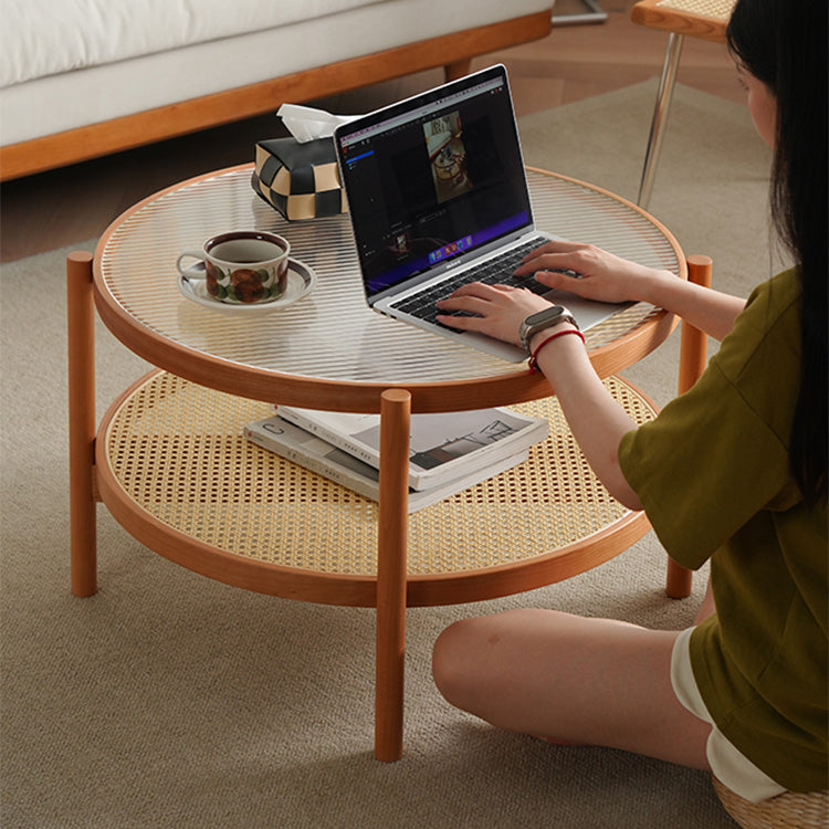 Round Cherry Wood Coffee Table with Rattan Bottom for Storage - Modern for Livingroom fyx-880