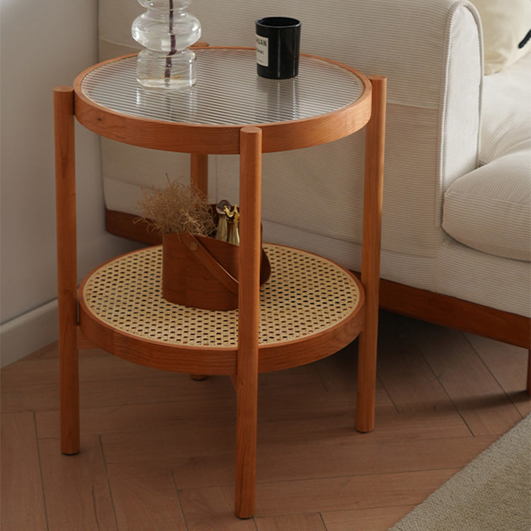 Round Cherry Wood Coffee Table with Rattan Bottom for Storage - Modern for Livingroom fyx-880