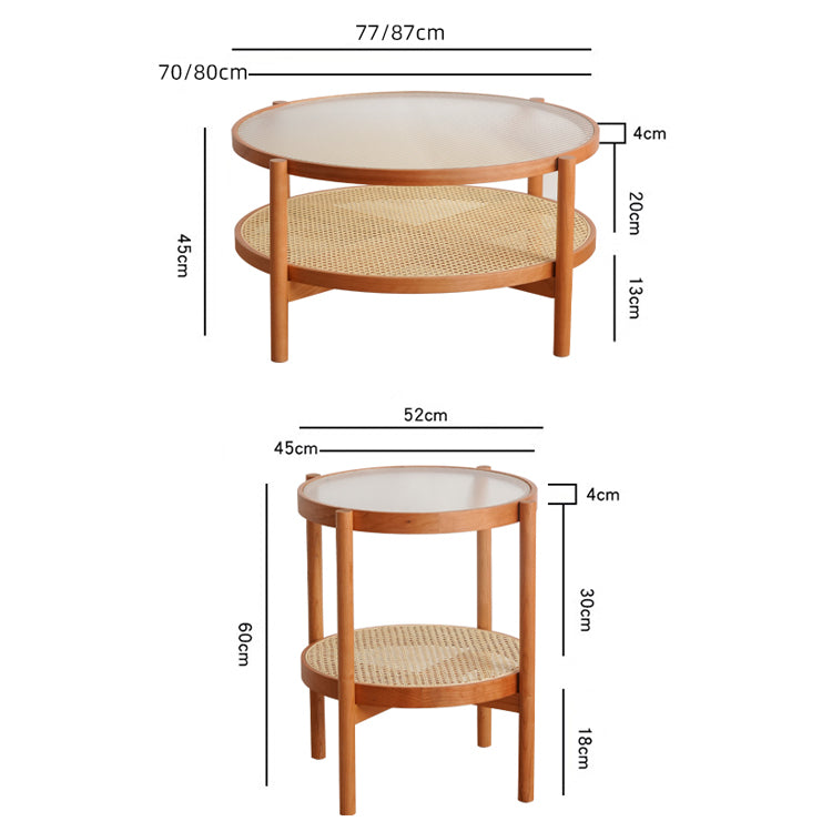 Round Cherry Wood Coffee Table with Rattan Bottom for Storage - Modern for Livingroom fyx-880