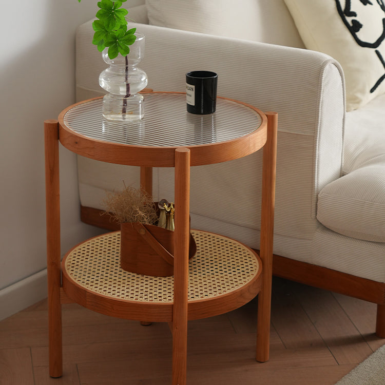 Round Cherry Wood Coffee Table with Rattan Bottom for Storage - Modern for Livingroom fyx-880