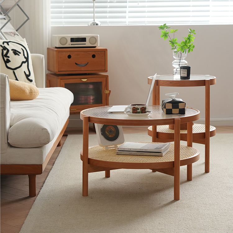 Round Cherry Wood Coffee Table with Rattan Bottom for Storage - Modern for Livingroom fyx-880