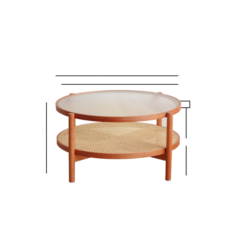 Round Cherry Wood Coffee Table with Rattan Bottom for Storage - Modern for Livingroom fyx-880