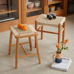 Rustic Charm Wooden Stools with Paper Rope Accents - Oak, Walnut & Cherry Options fyx-886