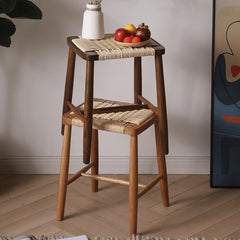 Rustic Charm Wooden Stools with Paper Rope Accents - Oak, Walnut & Cherry Options fyx-886