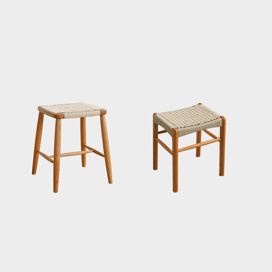 Rustic Charm Wooden Stools with Paper Rope Accents - Oak, Walnut & Cherry Options fyx-886