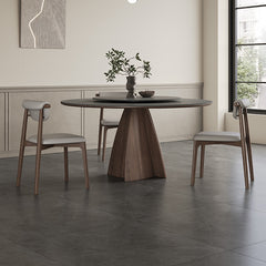 Modern Round Ash Wood Dining Table Durable Ceramic Top & Pedestal with Lazy Susan for 6  hagst-1673