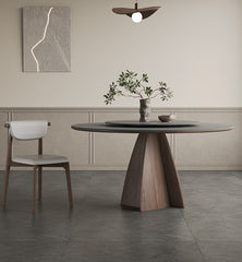 Modern Round Ash Wood Dining Table Durable Ceramic Top & Pedestal with Lazy Susan for 6  hagst-1673