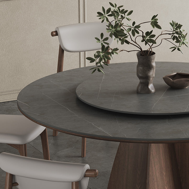 Modern Round Ash Wood Dining Table Durable Ceramic Top & Pedestal with Lazy Susan for 6  hagst-1673