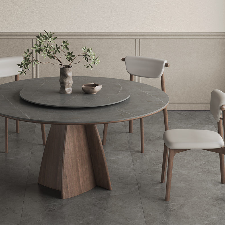 Modern Round Ash Wood Dining Table Durable Ceramic Top & Pedestal with Lazy Susan for 6  hagst-1673