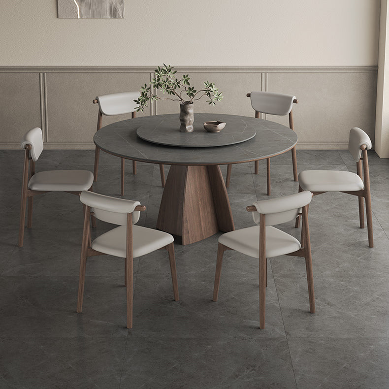 Modern Round Ash Wood Dining Table Durable Ceramic Top & Pedestal with Lazy Susan for 6  hagst-1673