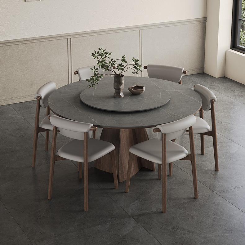 Modern Round Ash Wood Dining Table Durable Ceramic Top & Pedestal with Lazy Susan for 6  hagst-1673