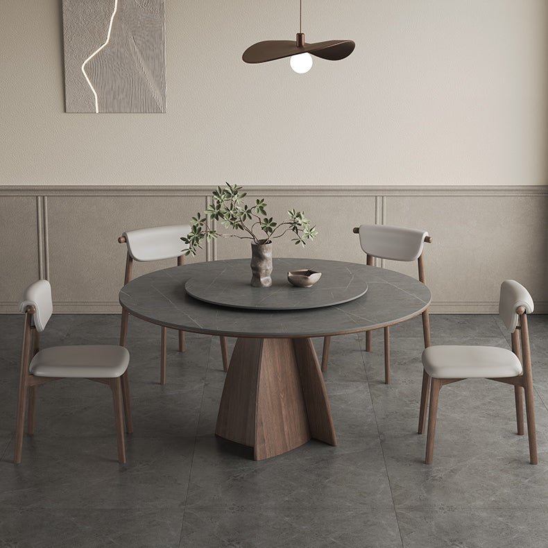 Modern Round Ash Wood Dining Table Durable Ceramic Top & Pedestal with Lazy Susan for 6  hagst-1673