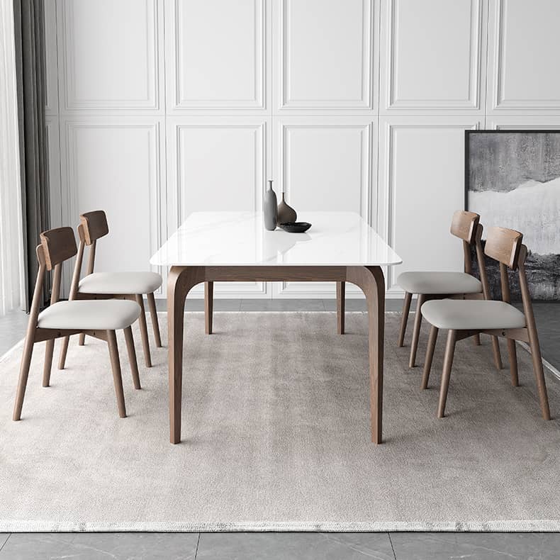 Modern Dining Table in White Rectangle - Durable Sintered Stone Top & 4 Wooden Legs for 6-8 Person hagst-317