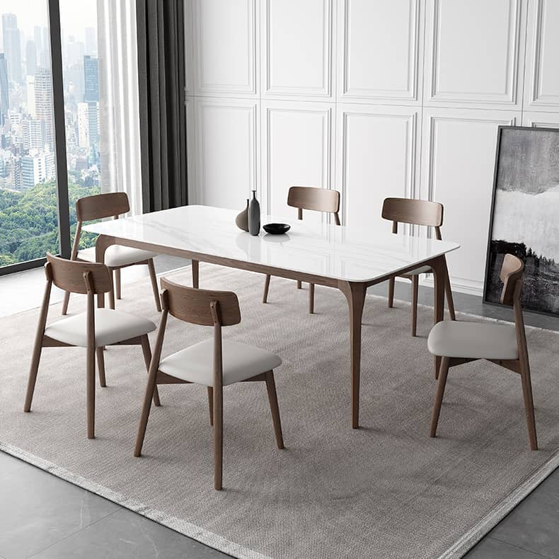 Modern Dining Table in White Rectangle - Durable Sintered Stone Top & 4 Wooden Legs for 6-8 Person hagst-317