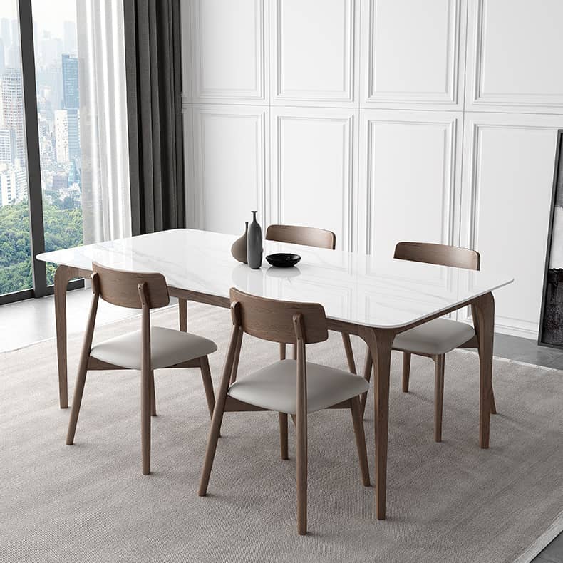 Modern Dining Table in White Rectangle - Durable Sintered Stone Top & 4 Wooden Legs for 6-8 Person hagst-317