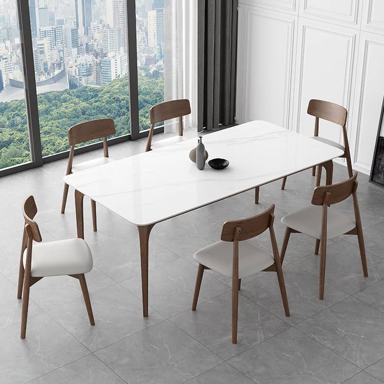 Modern Dining Table in White Rectangle - Durable Sintered Stone Top & 4 Wooden Legs for 6-8 Person hagst-317