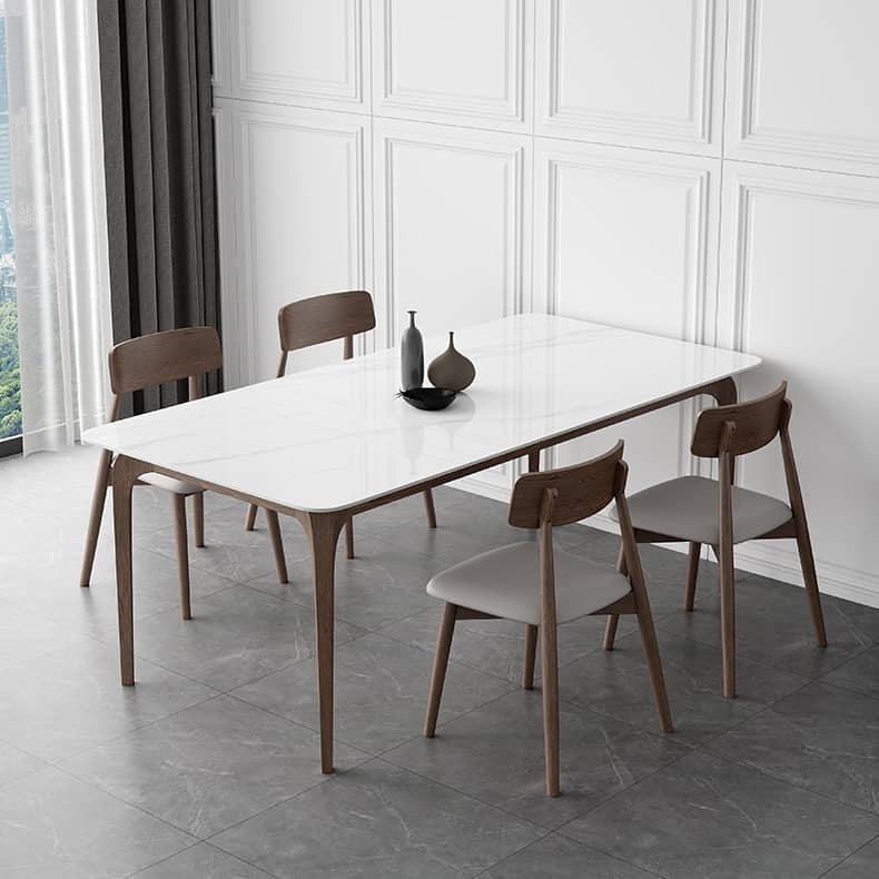 Modern Dining Table in White Rectangle - Durable Sintered Stone Top & 4 Wooden Legs for 6-8 Person hagst-317