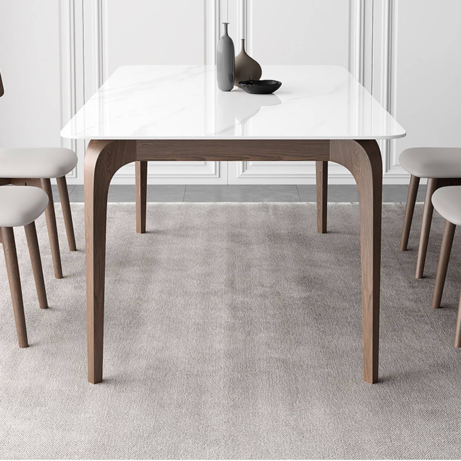 Modern Dining Table in White Rectangle - Durable Sintered Stone Top & 4 Wooden Legs for 6-8 Person hagst-317