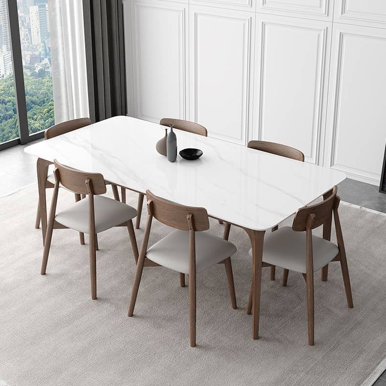 Modern Dining Table in White Rectangle - Durable Sintered Stone Top & 4 Wooden Legs for 6-8 Person hagst-317