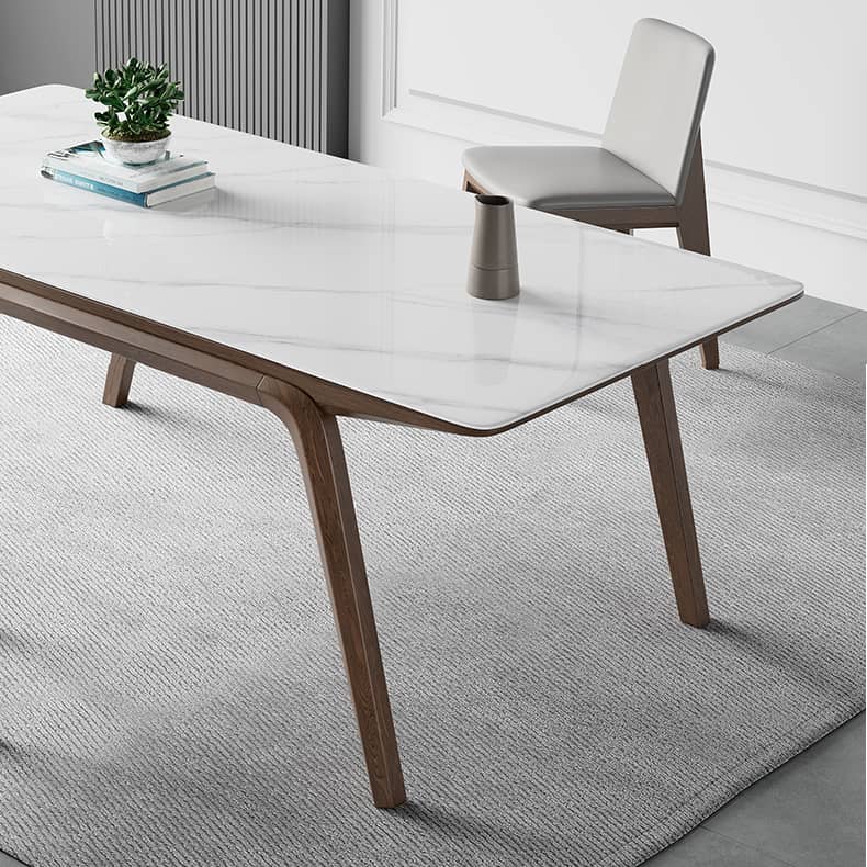 Modern Rectangular Ash Wood Dining Table - Durable Sintered Stone Top for 6 Person 4 Legs hagst-323