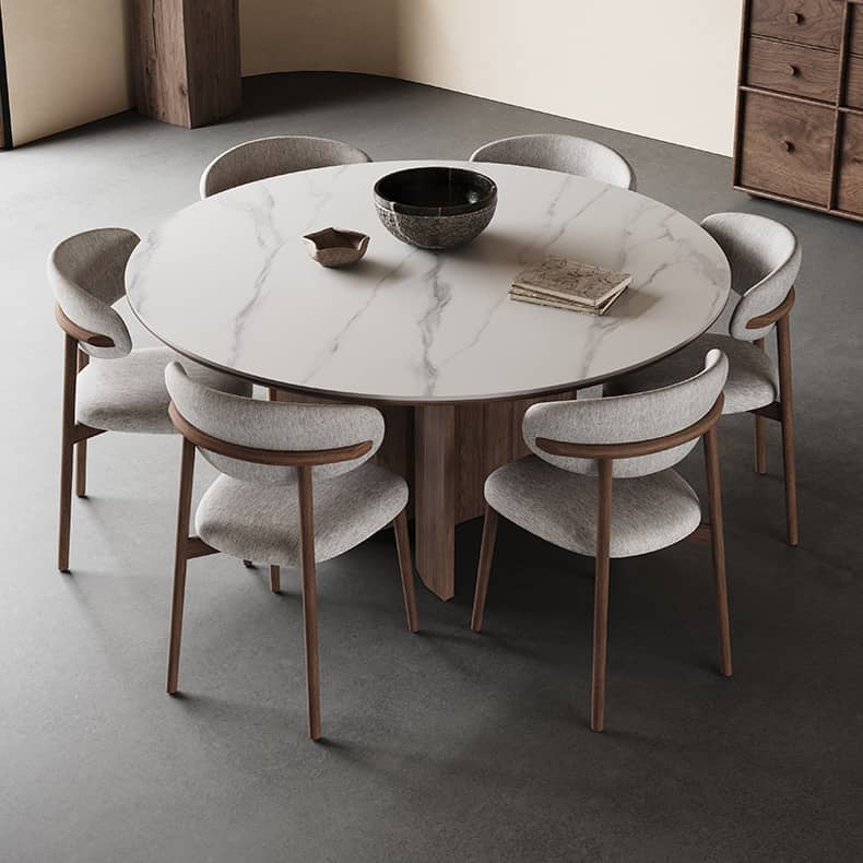 Ash Wood Dining Table Round Sintered Stone Top with Double Pedestals hagst-565