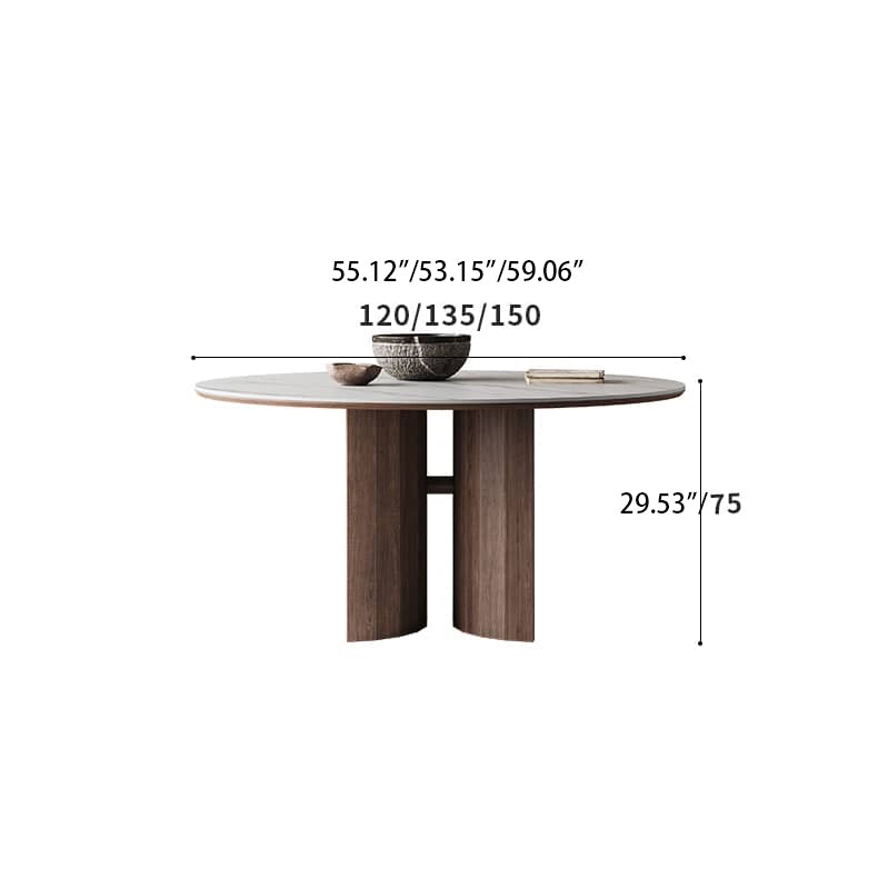 Ash Wood Dining Table Round Sintered Stone Top with Double Pedestals hagst-565