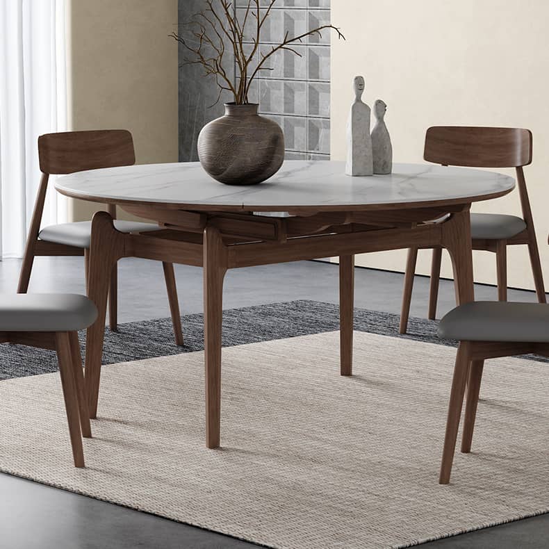 Modern Oak Wood Dining Table in White Rectangle Sintered Stone Top & Brown Oak Wood Frame hagst-566