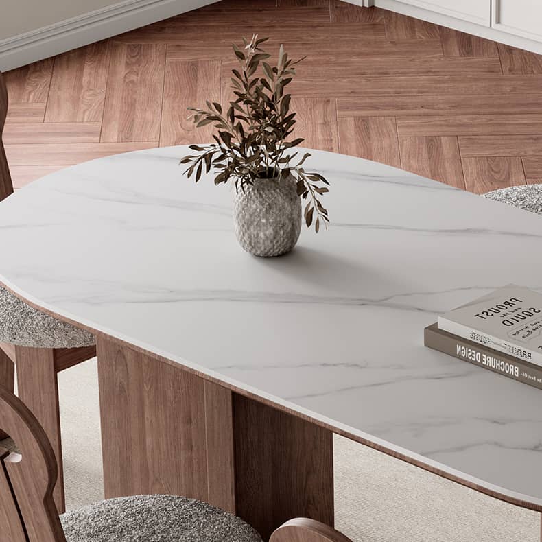 Modern Oval Dining Table with Sintered Stone Top & Double Pedestals for 6-8 Person hagst-573