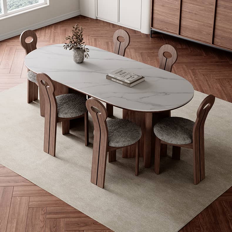 Modern Oval Dining Table with Sintered Stone Top & Double Pedestals for 6-8 Person hagst-573