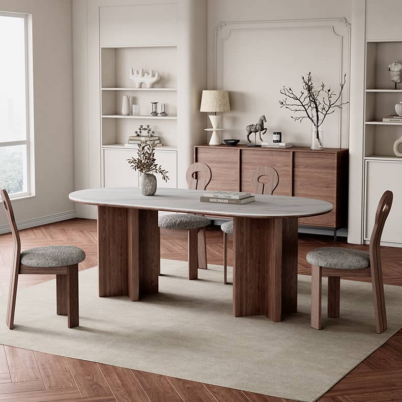 Modern Oval Dining Table with Sintered Stone Top & Double Pedestals for 6-8 Person hagst-573