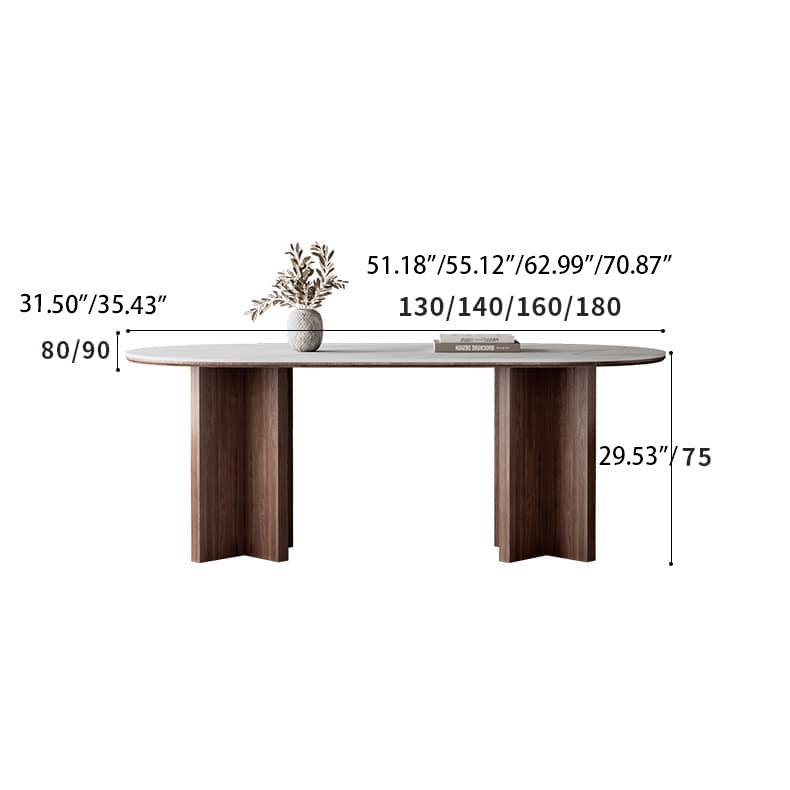 Modern Oval Dining Table with Sintered Stone Top & Double Pedestals for 6-8 Person hagst-573