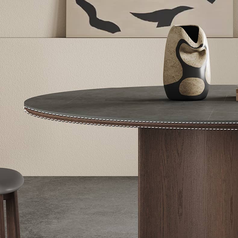 Round Ash Wood Dining Table with Sintered Stone & Pedestal for Dining Room hagst-575