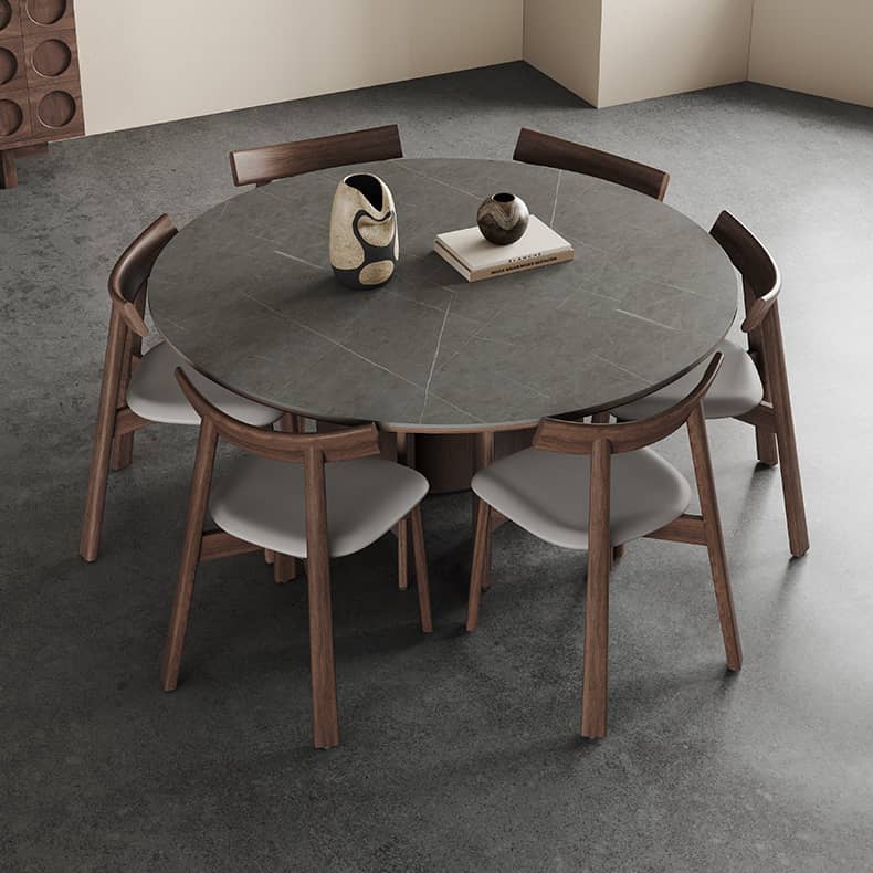 Round Ash Wood Dining Table with Sintered Stone & Pedestal for Dining Room hagst-575