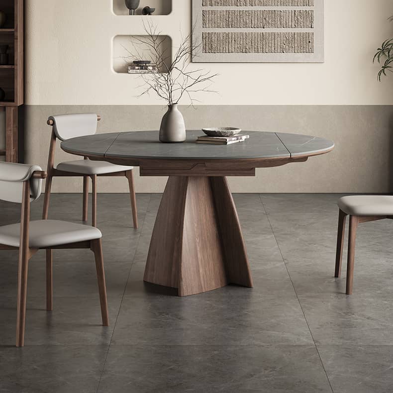 Modern Round Dining Table in Gray Sintered Stone Top and Pedestal for Dining Room hagst-580