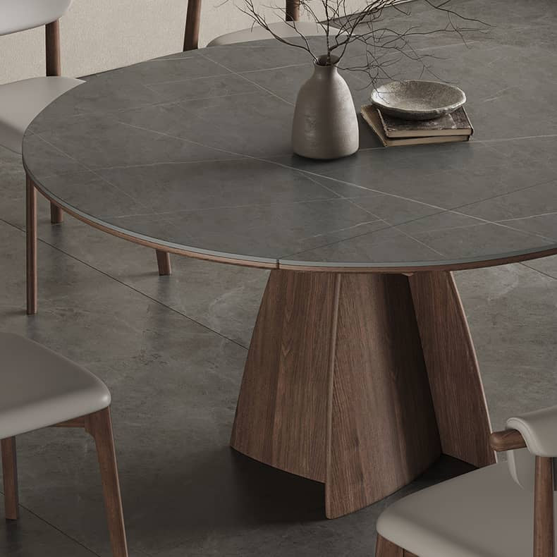 Modern Round Dining Table in Gray Sintered Stone Top and Pedestal for Dining Room hagst-580