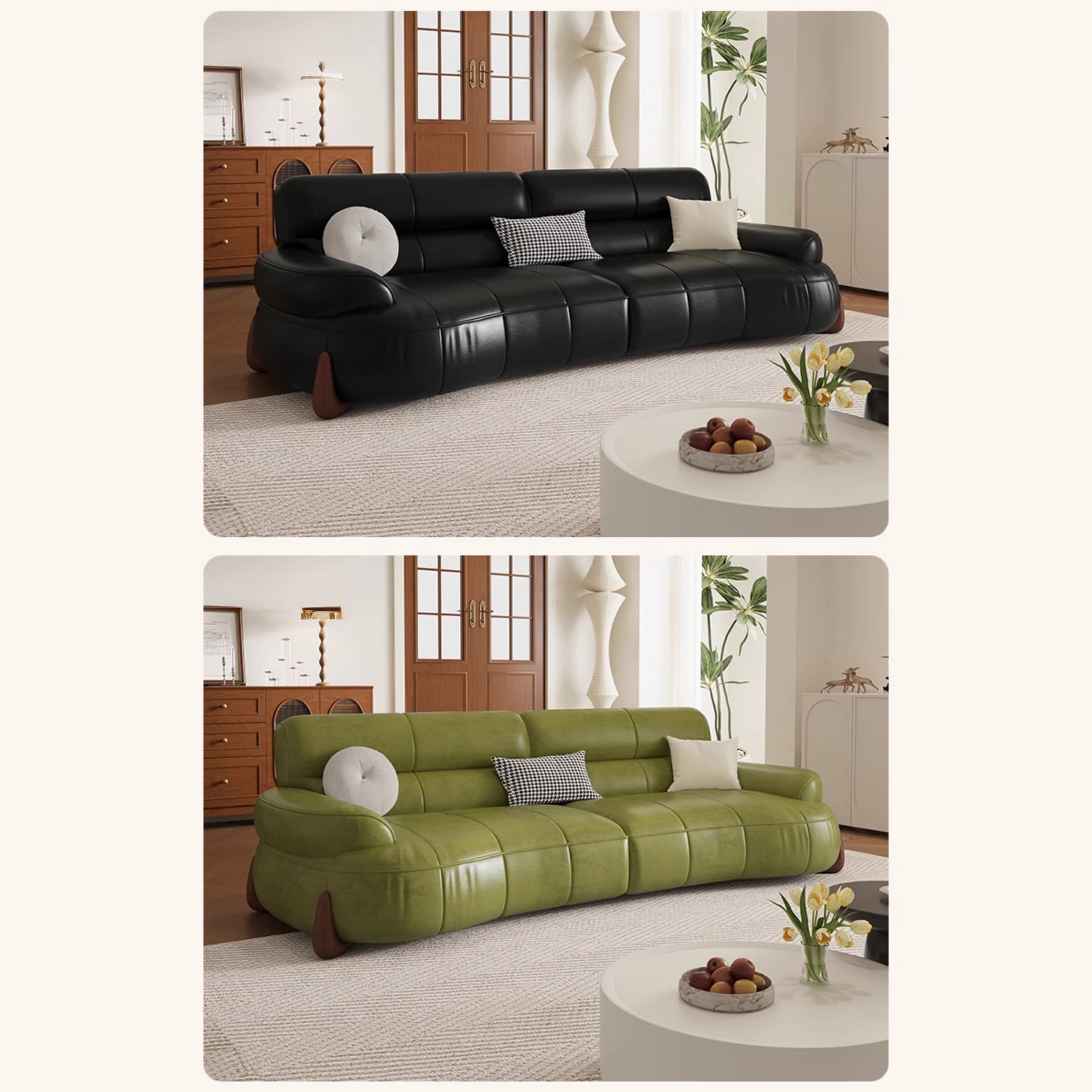 Versatile Sofa in Light Brown, Black, Green with Pine & Oak Wood, Down, Latex, and Faux Leather Elements hatx-1019