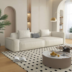 Stylish White Sofa with Light Brown, Green, Yellow, and Black Accents - Pine Wood Frame and Faux Leather Upholstery hatx-1026