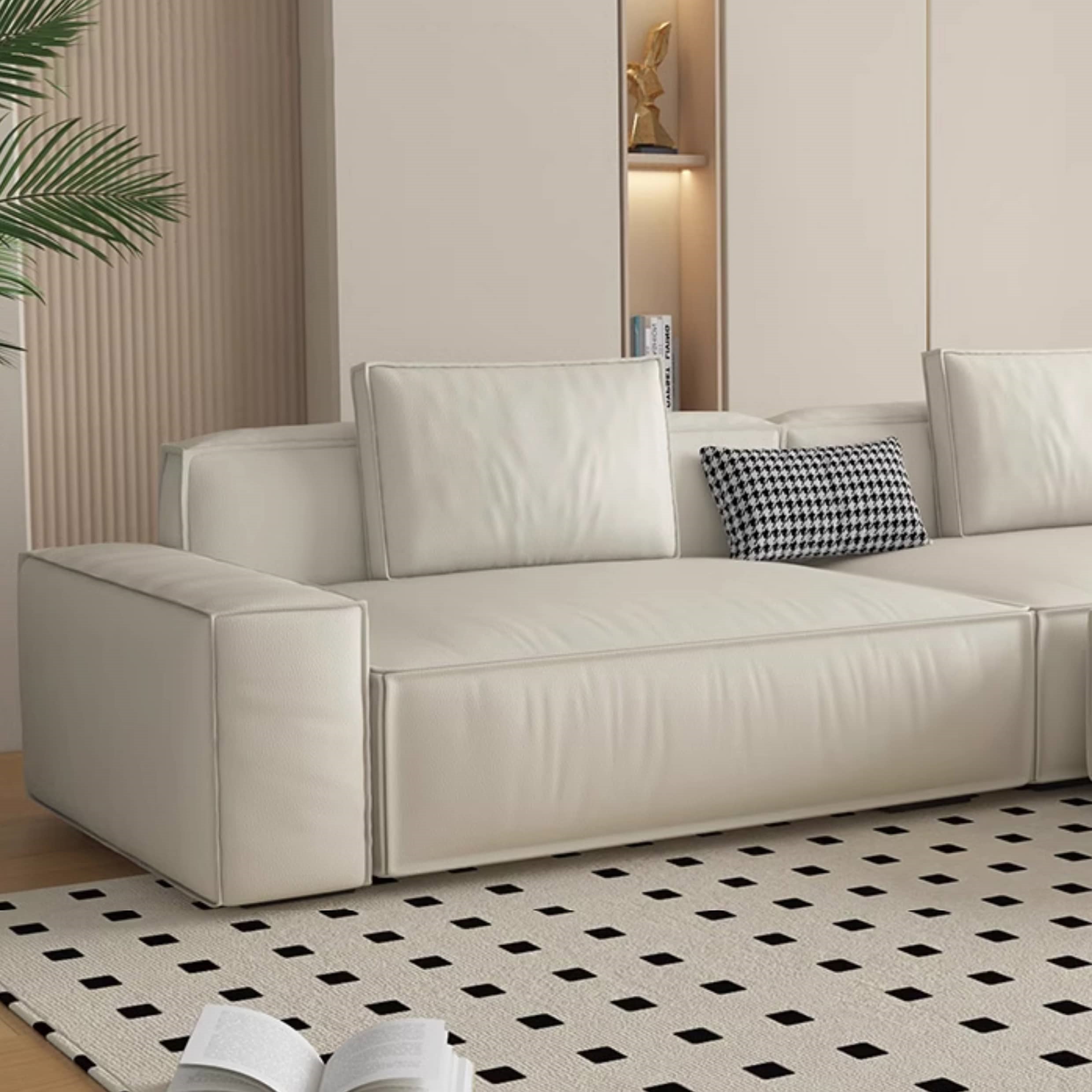 Stylish White Sofa with Light Brown, Green, Yellow, and Black Accents - Pine Wood Frame and Faux Leather Upholstery hatx-1026