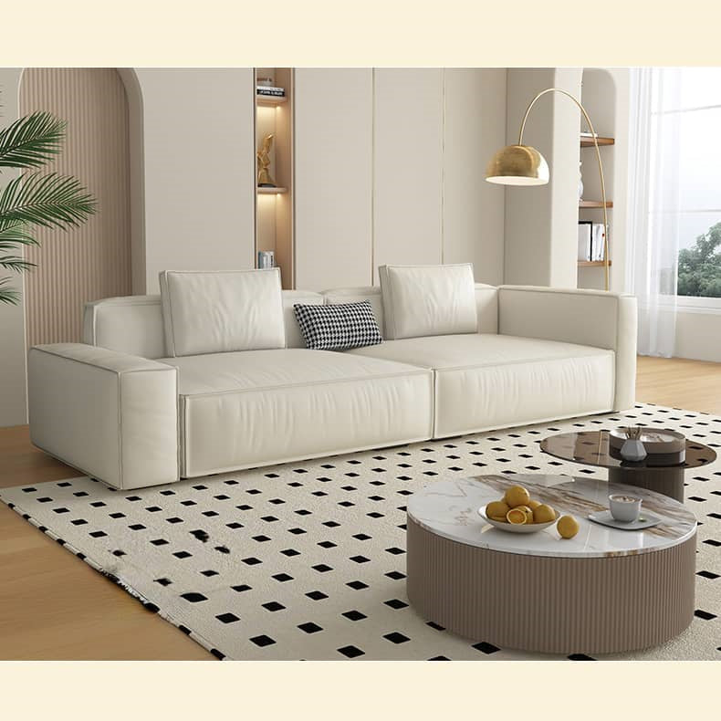 Stylish White Sofa with Light Brown, Green, Yellow, and Black Accents - Pine Wood Frame and Faux Leather Upholstery hatx-1026