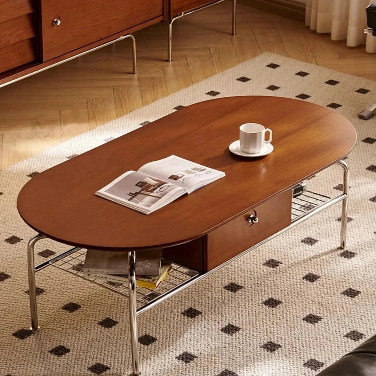 Stylish Cherry Wood & Stainless Steel Coffee Table - Space-Saving Design for Modern Living Rooms - 47.24 x 23.62 hby-4600
