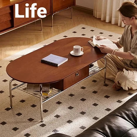 Stylish Cherry Wood & Stainless Steel Coffee Table - Space-Saving Design for Modern Living Rooms - 47.24 x 23.62 hby-4600