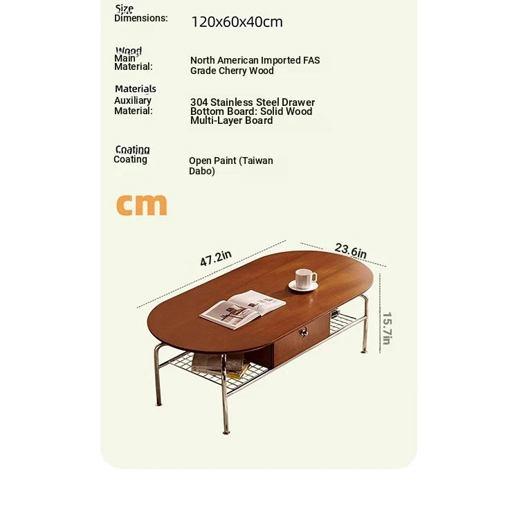 Stylish Cherry Wood & Stainless Steel Coffee Table - Space-Saving Design for Modern Living Rooms - 47.24 x 23.62 hby-4600