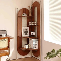 Elegant Cherry Wood and Glass Corner Storage Rack - Stylish Multi-Functional Shelving Unit for Home Decor hby-4603