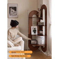 Elegant Cherry Wood and Glass Corner Storage Rack - Stylish Multi-Functional Shelving Unit for Home Decor hby-4603