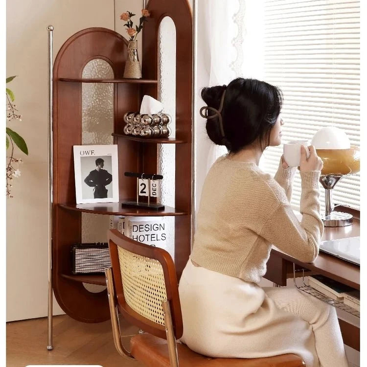 Elegant Cherry Wood and Glass Corner Storage Rack - Stylish Multi-Functional Shelving Unit for Home Decor hby-4603