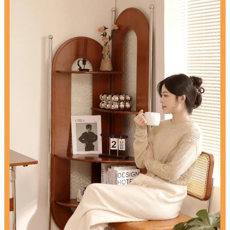 Elegant Cherry Wood and Glass Corner Storage Rack - Stylish Multi-Functional Shelving Unit for Home Decor hby-4603