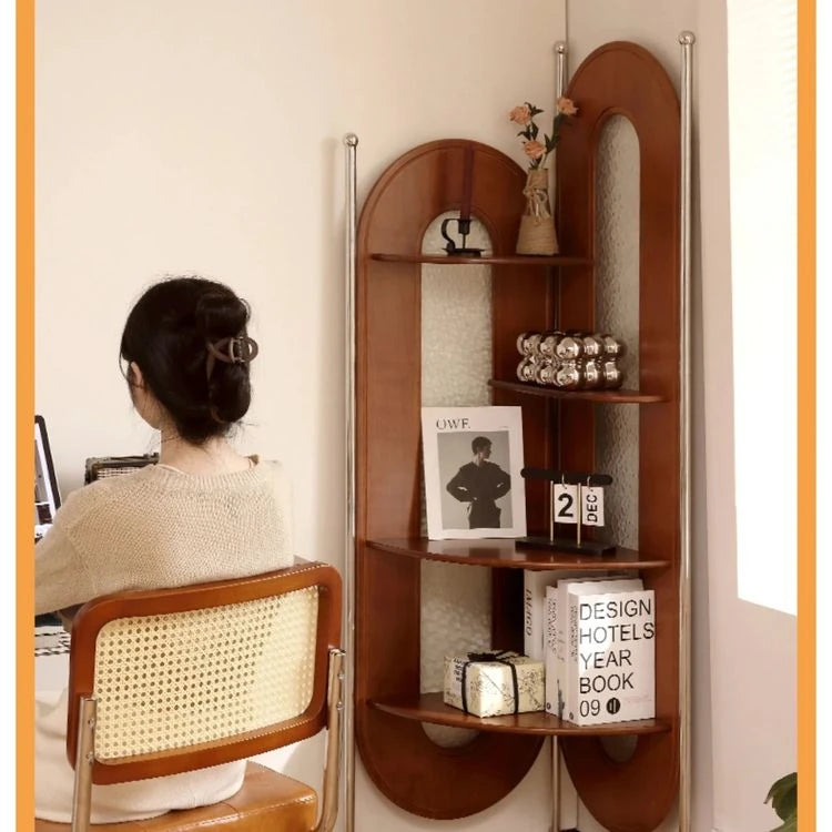 Elegant Cherry Wood and Glass Corner Storage Rack - Stylish Multi-Functional Shelving Unit for Home Decor hby-4603